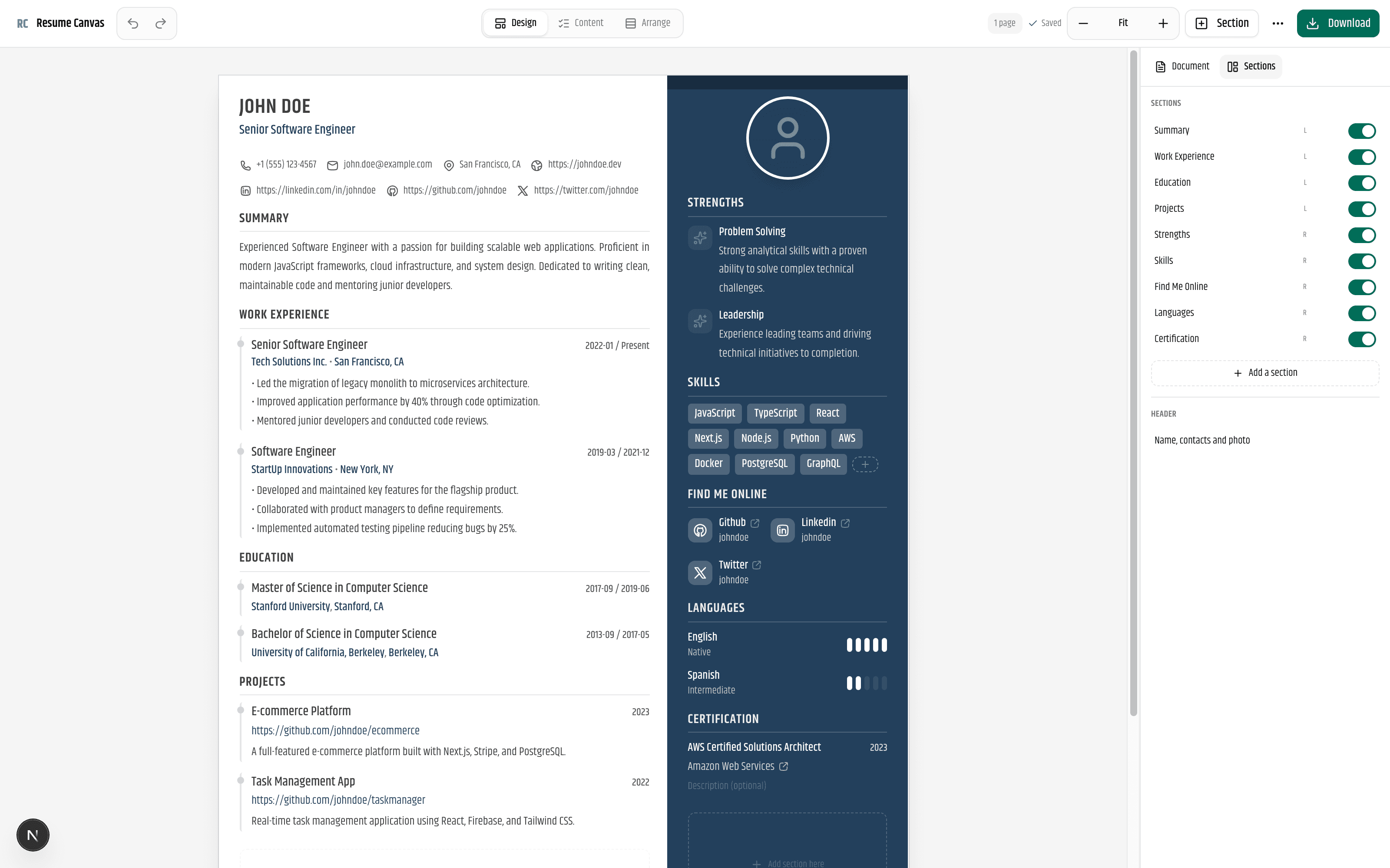 The Resume Canvas builder showing a two-column resume with the section panel open